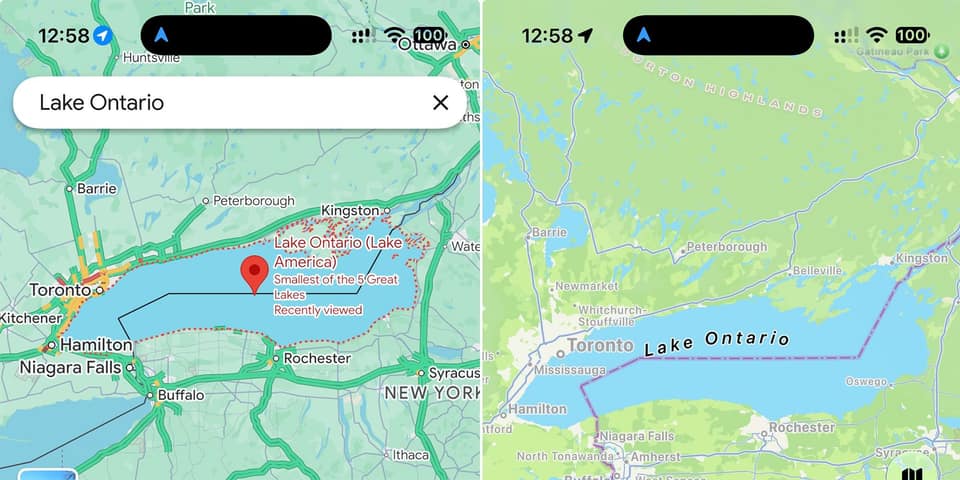 Apple Maps still shows Lake Ontario as Google Maps changes name