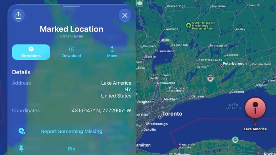 Apple Maps bring up Lake Ontario if you search for 'Lake America'