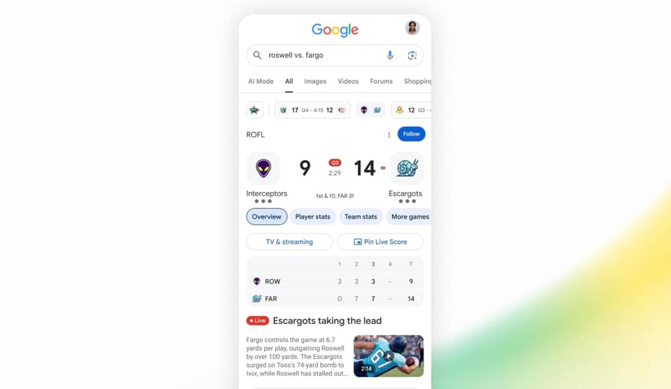Google search embraces live NFL football